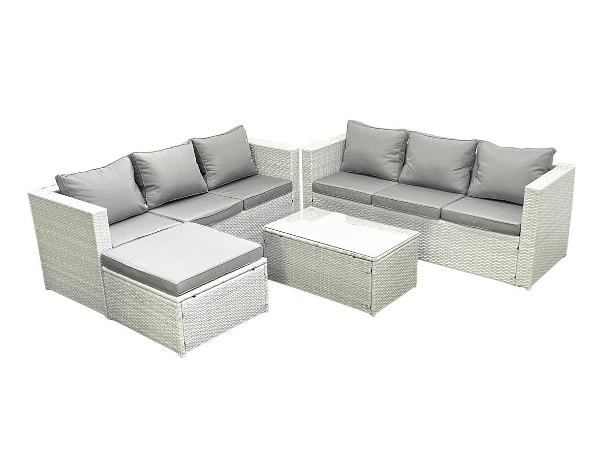 GARTENGARNITUR mit 3-SITZER SOFA,COUCHTISCH Polyrattan Hellgrau-Mix 7-Sitzer - Hellgrau/Grau, Glas/Kunststoff - Fimous