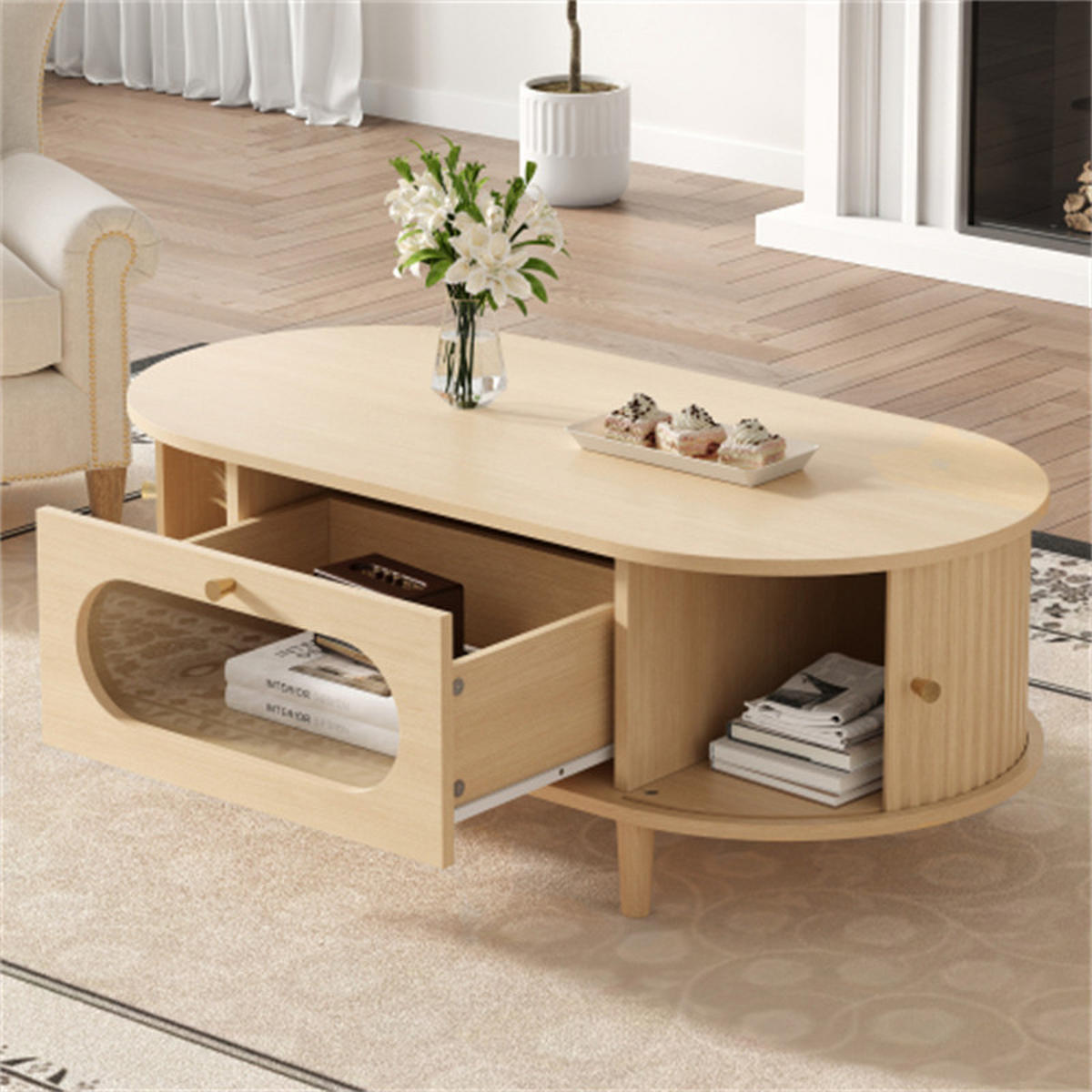 WOHNZIMMER-COUCHTISCH, 100 x 50 x 36 cm, Holzfarbe. Der Couchtisch verfügt über Schubladen und Rollladentüren und steht auf vier Beinen. - Braun, Holzwerkstoff (100/50/36cm) - Blomus