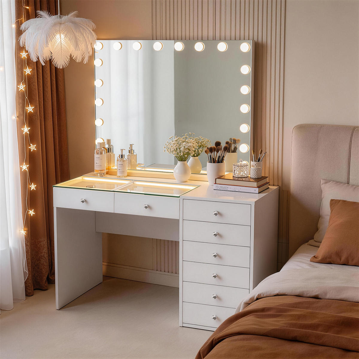 SCHMINKTISCH mit 8 Schubladen 120/55/81 CM und LED Beleuchtung Schminkspiegel Lichtleiste weiß 100/80 cm - Weiß, Holz (55/81/120cm) - VANITII