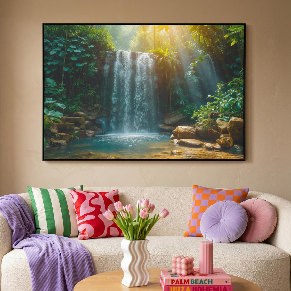 LEINWAND Bilder mit Rahmen - Wasserfall - Dschungel - Sonne - Grün - Natur - 120x80 - Grün, Textil (120/80cm) - MuchoWow