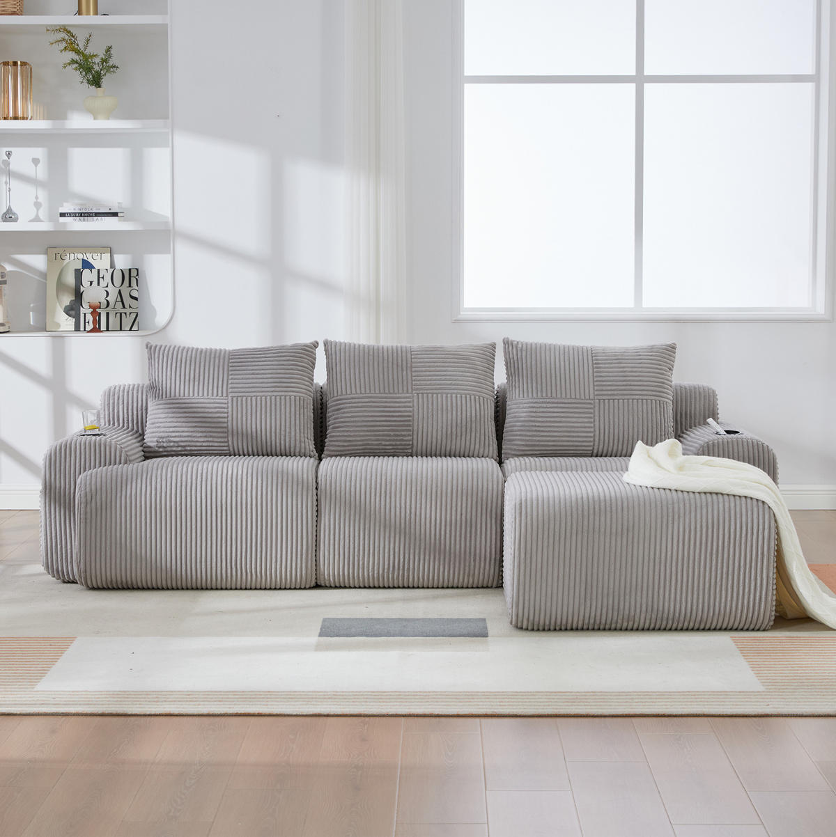 SOFA modular 3-Sitzer 268 x 174 cm Cord Hellgrau mit Hockern - Hellgrau, Kunststoff (174/268cm) - Meubliv