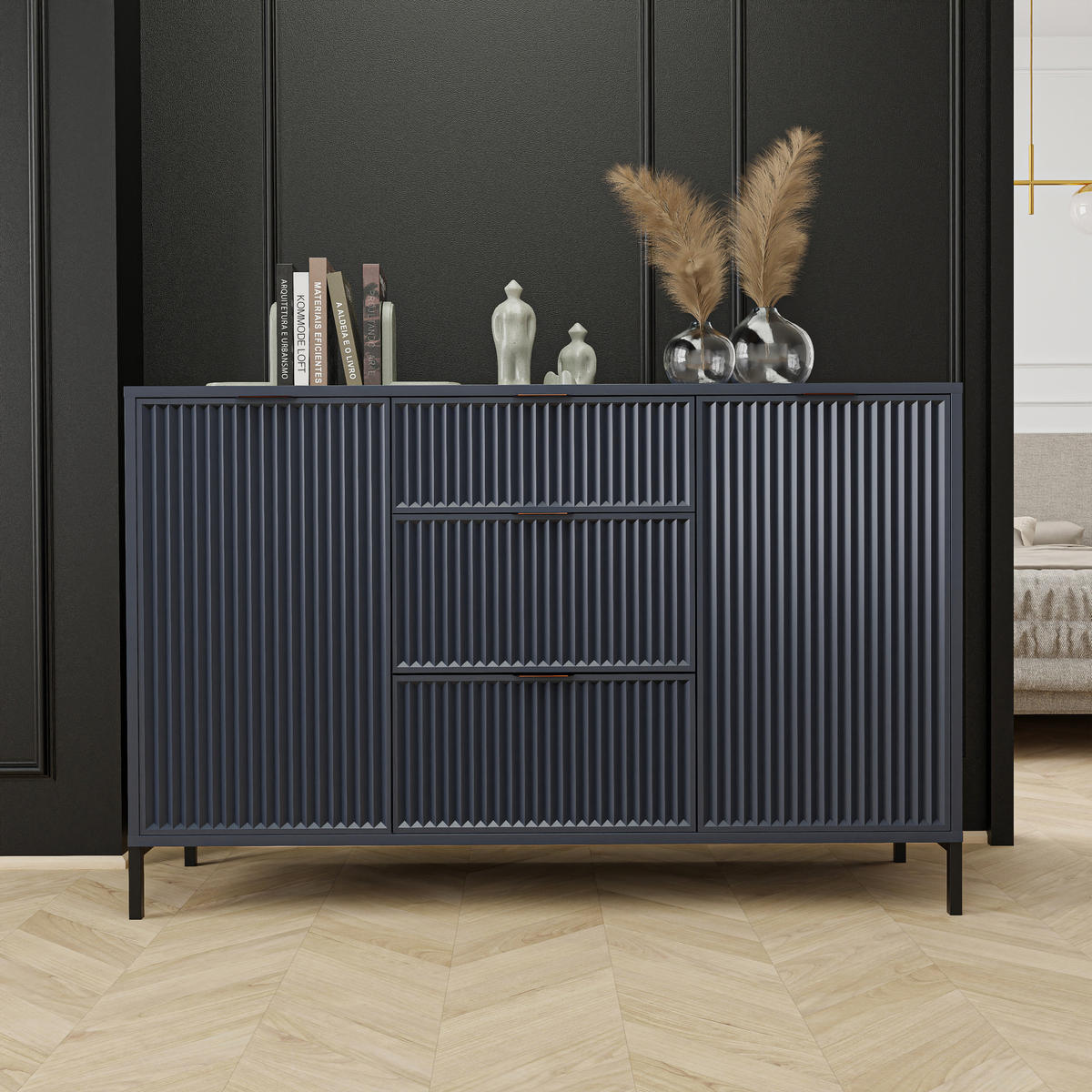 KOMMODE klein Aufbewahrungsschrank mit 3 Schubladen und 2 Türen, Blau - Blau, Holzwerkstoff (135/87/41cm) - Idohome