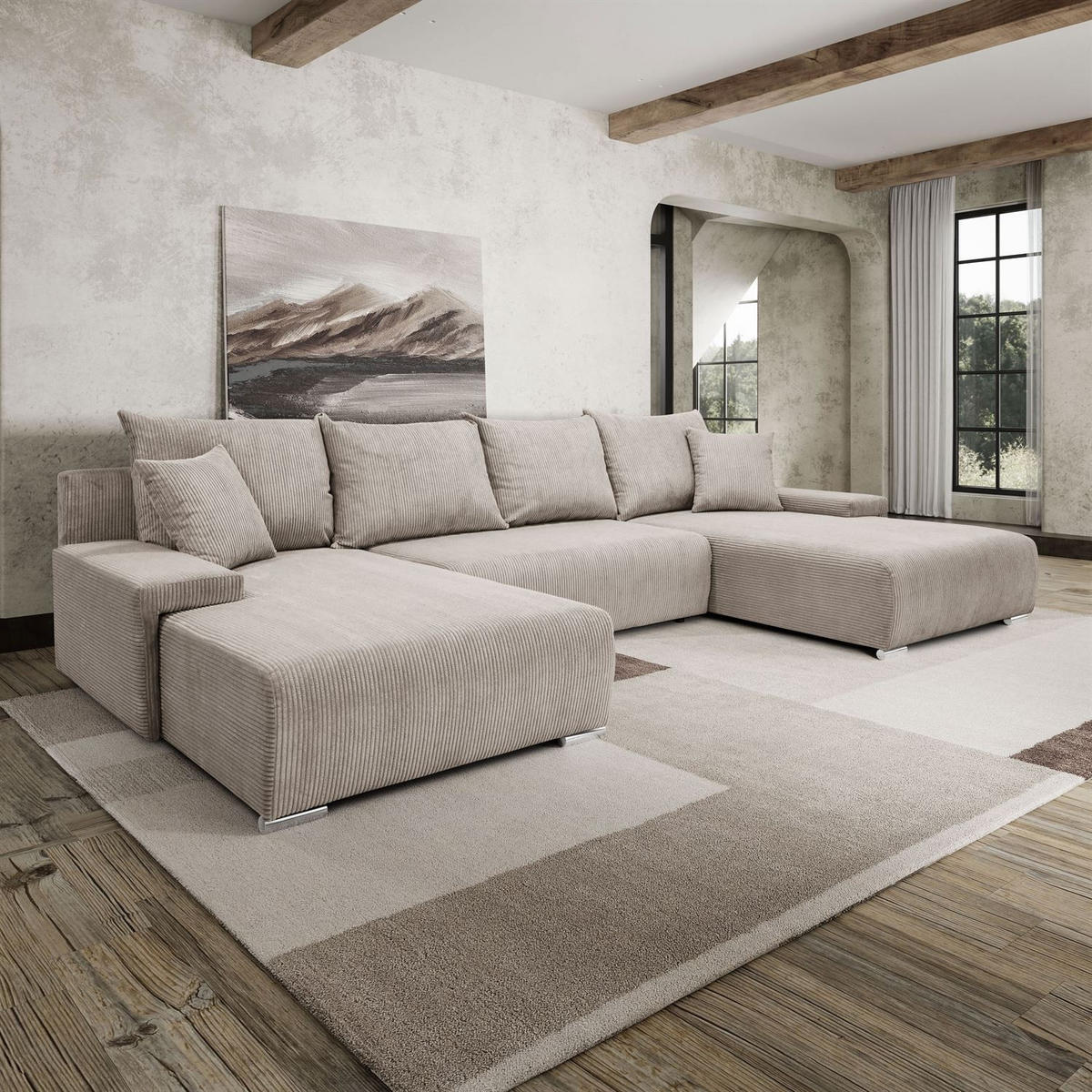 WOHNLANDSCHAFT LAVIO U mit Schlaffunktion und Bettkasten - Beige, Textil (348/93/188cm) - Lookway