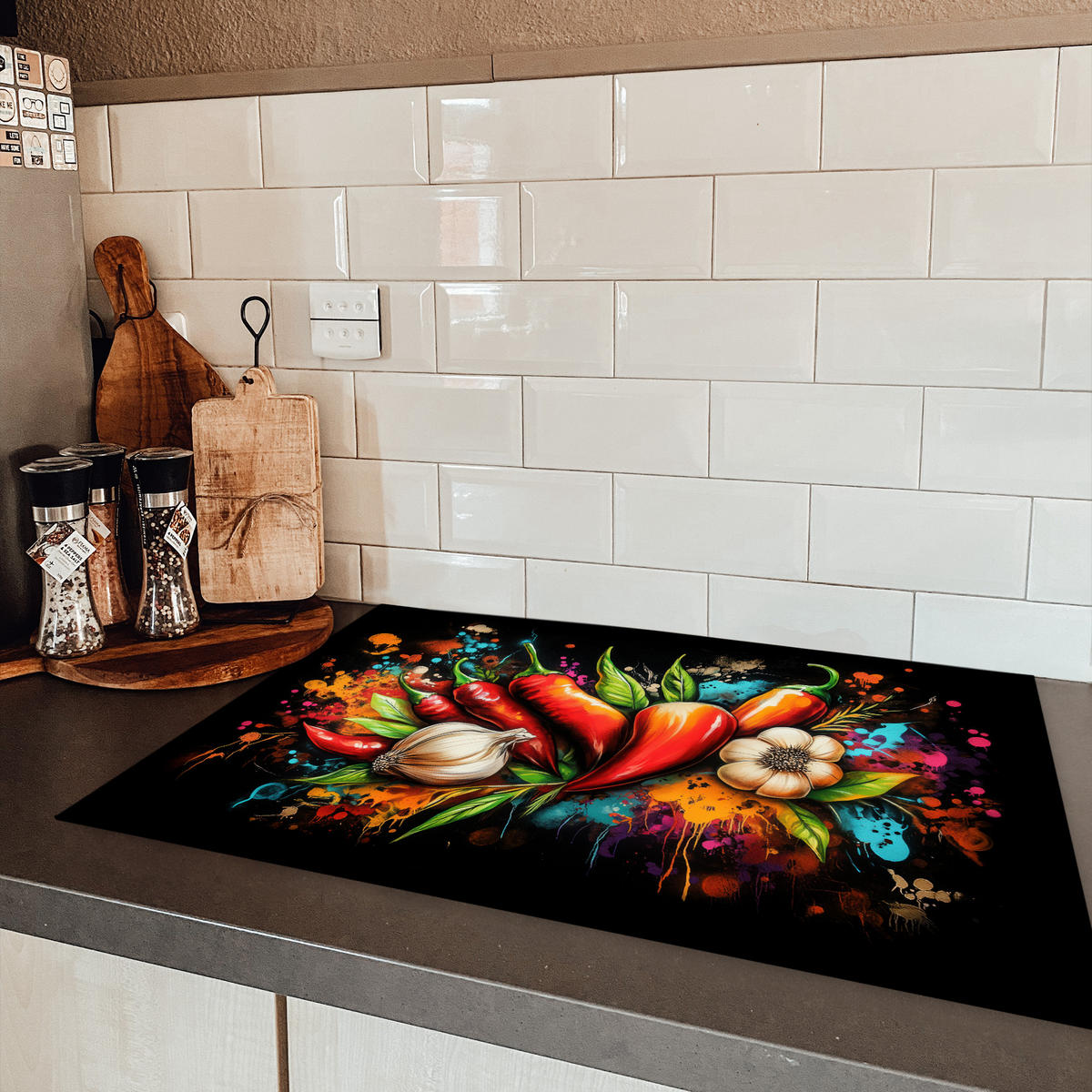 HERDABDECKPLATTE Gemüse - Paprika - Knoblauch - Graffiti - Farbe - Bunt 76x51 cm - Rot, Kunststoff (76/51.5/0.2cm) - MuchoWow