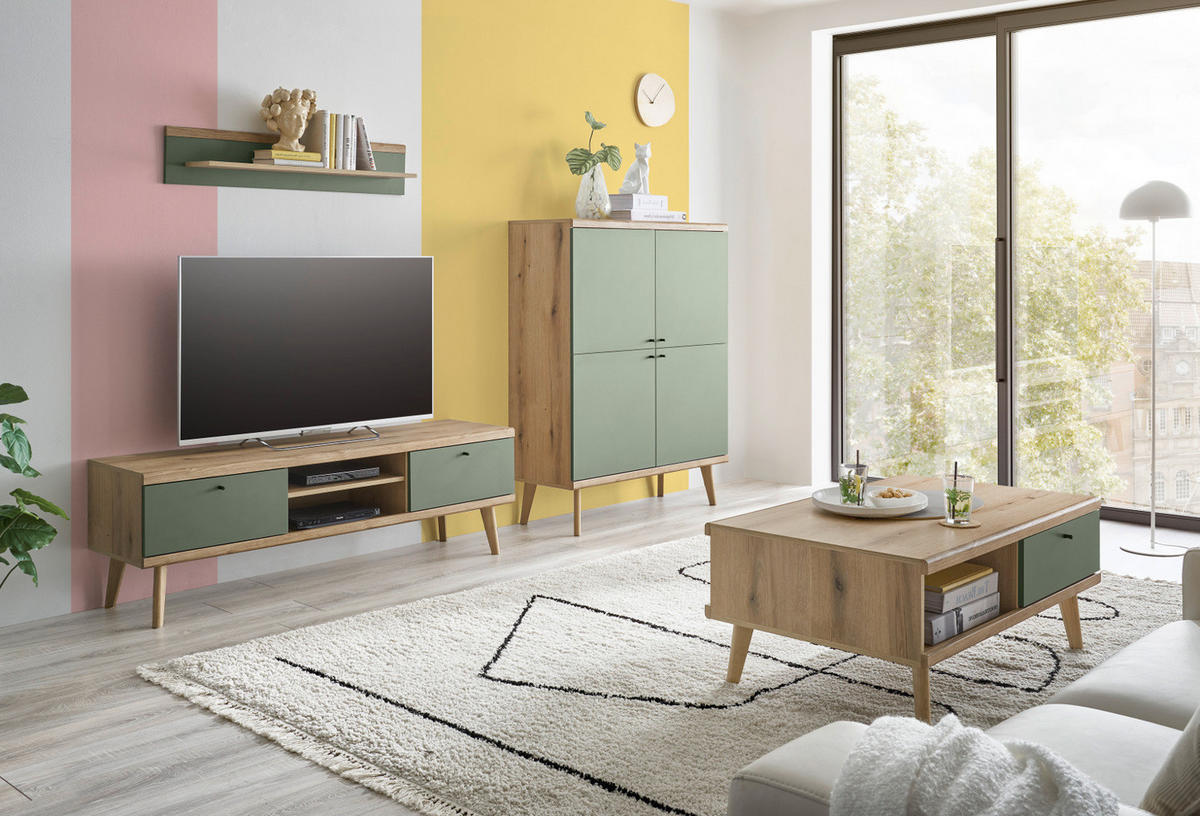 WOHNWAND 3-teilig salbei grün, Eiche Evoke, skandinavisch 277 cm, Schrankwand mit Highboard - Salbeigrün/Eichefarben, Eichenholz/Holz (277/160/40cm) - Furn.Design
