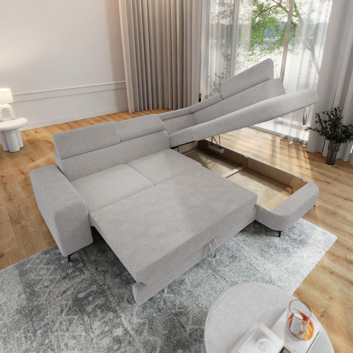 ECKSOFA ALVORO R-S Hellgrau Boucle-Stoff mit Schlaffunktion - Hellgrau, Holz (253/190cm) - MASSENO