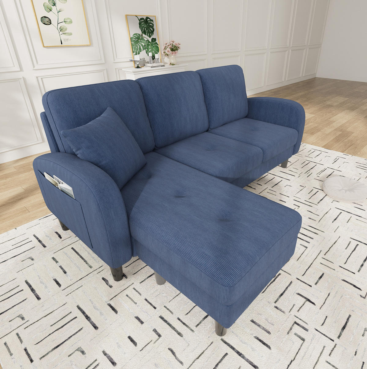 SOFA modular mit Chaiselongue 166 x 118 x 77 cm Cord Blue - Blau, Holz (118/166cm) - Meubliv
