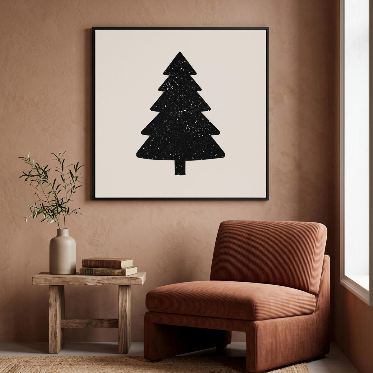 LEINWAND Bilder mit Rahmen - Weihnachtsbaum - Schwarz - Urlaub - Beige - 90x90 - Schwarz, Textil (90/90cm) - MuchoWow