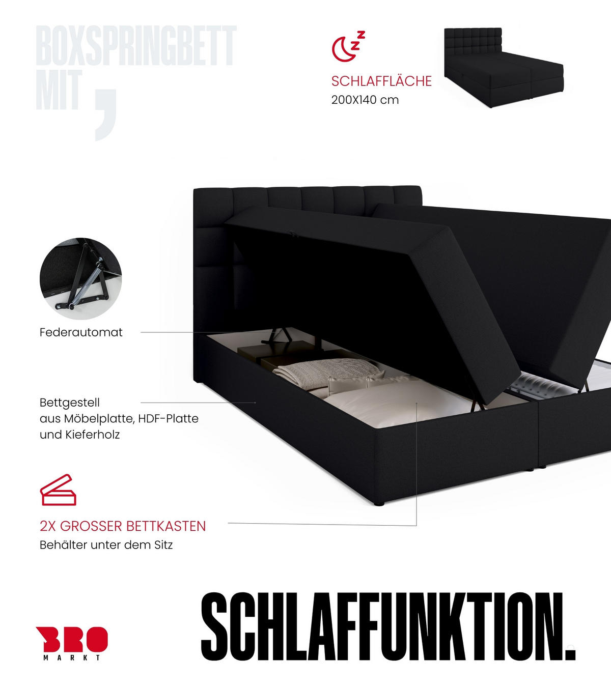 BOXBETT Dakota mit Topper 140/200 Schwarz - Schwarz, Textil (140/200cm) - Bromarkt