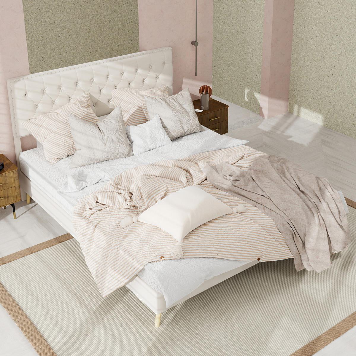 ČALOUNĚNÁ postel 140/200 cm béžová z látky a kovu s vysokým čelem a úložným prostorem - béžová, textil (140/200cm) - OKWISH