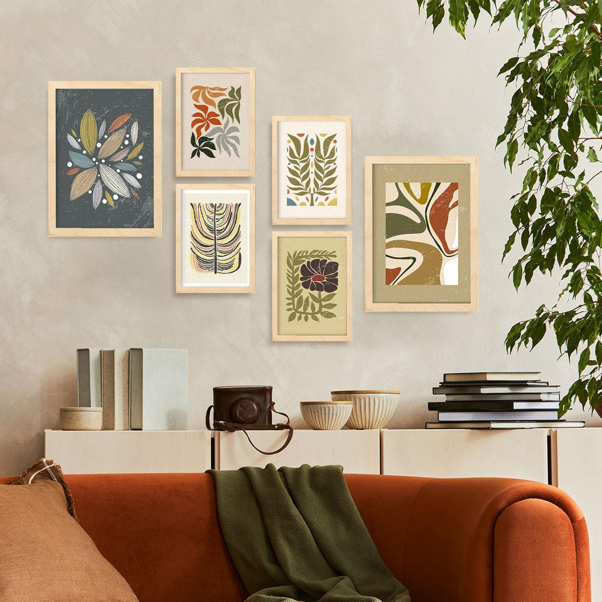 POSTER Set Mit 6 Drucken Von Pflanzen Im Ethnischen Drucker Sammlung Dekorative Rahmen Für Ihr Zuhause Wandkunstdruck A3 & A4 Rahmen Aus Hellem Holz - Beige, Papier (29/3cm) - Nacnic