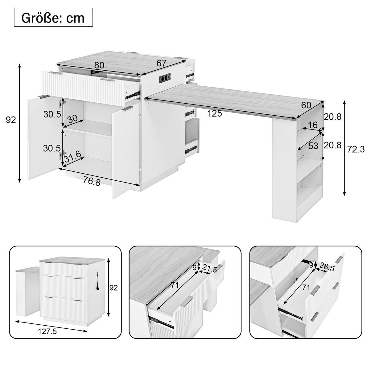 KÜCHENINSEL ausziehbar 127,5-205/67/92 cm mit LED DE-39579 Weiß - Weiß, Holzwerkstoff (67/92/127.5cm) - ComfortXL
