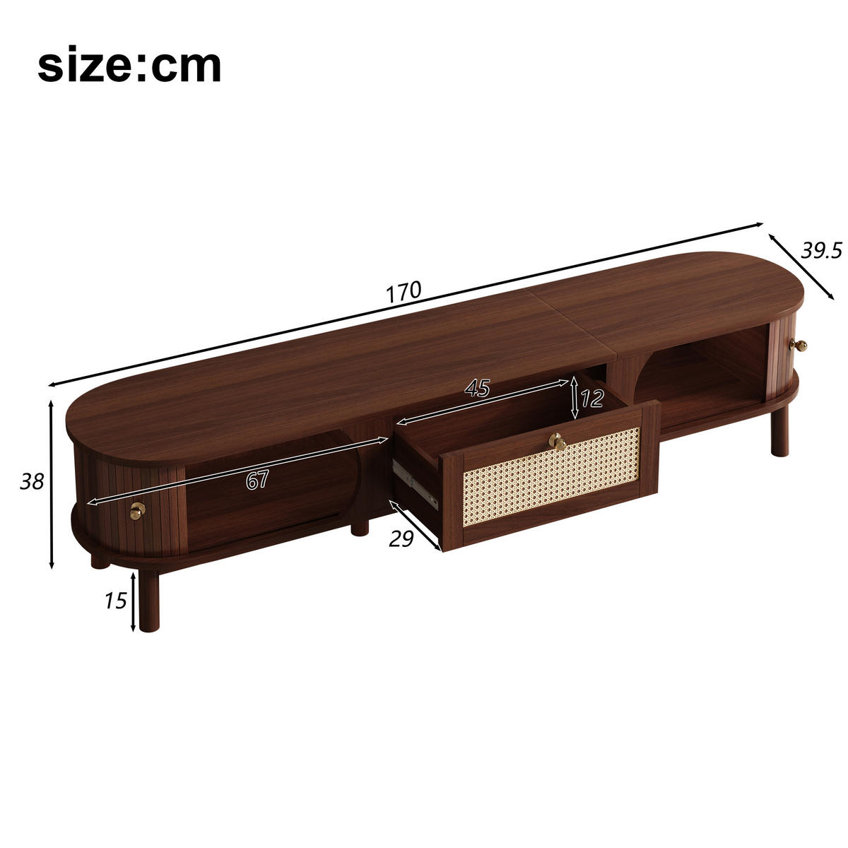 TV-SCHRANK mit Rattan-Schubladen und Türen in Holzoptik 170/38/39.5 cm - Eichefarben, Holzwerkstoff (170/38/39.5cm) - Redom