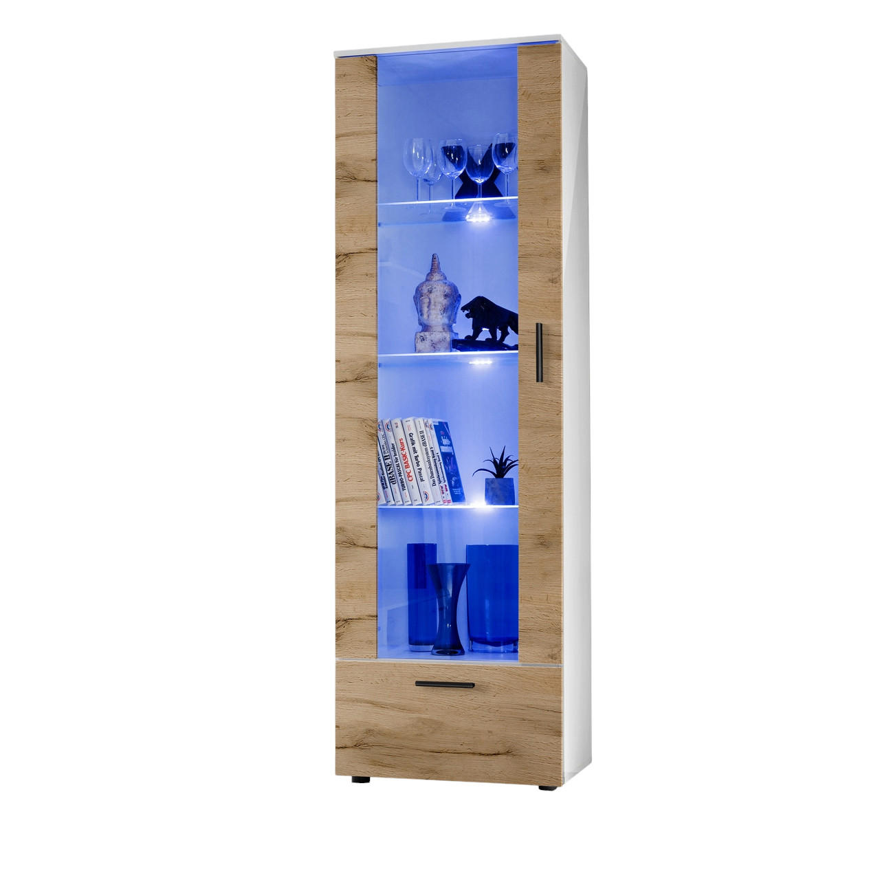 VITRINE ALESSANDRIA, Wotan, LED Blau - Eiche Wotan/Schwarz, Glas/Holzwerkstoff (60/192/42cm) - Komodee