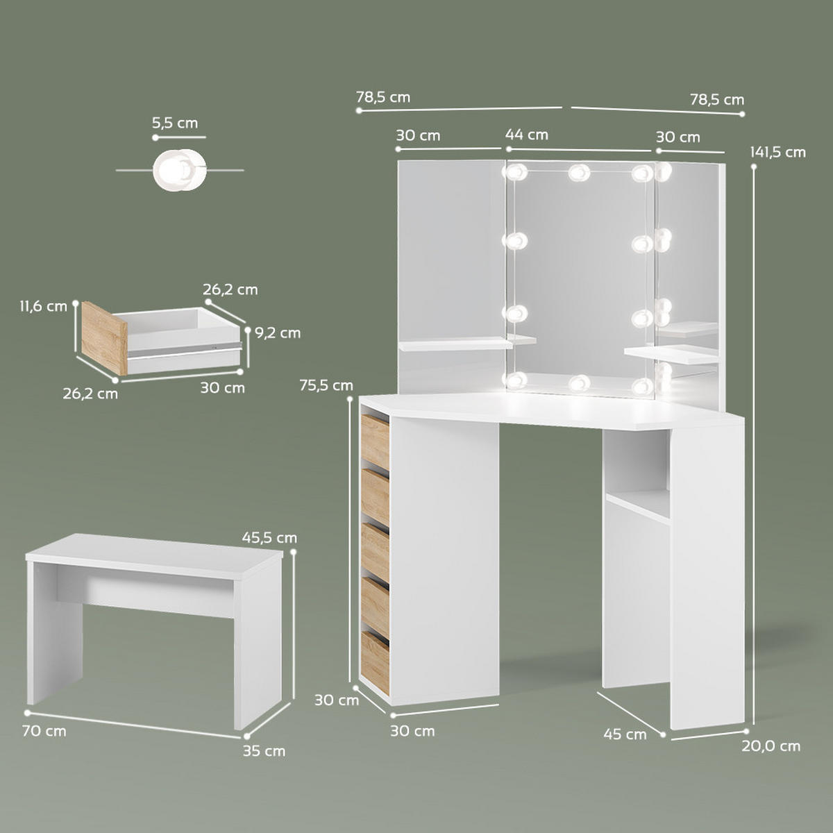 ECKSCHMINKTISCH Enna Weiß/Sonoma 110 cm mit LED Beleuchtung und Bank - Weiß/Sonoma Eiche, Holzwerkstoff (110/141.5/54cm) - Livinity®