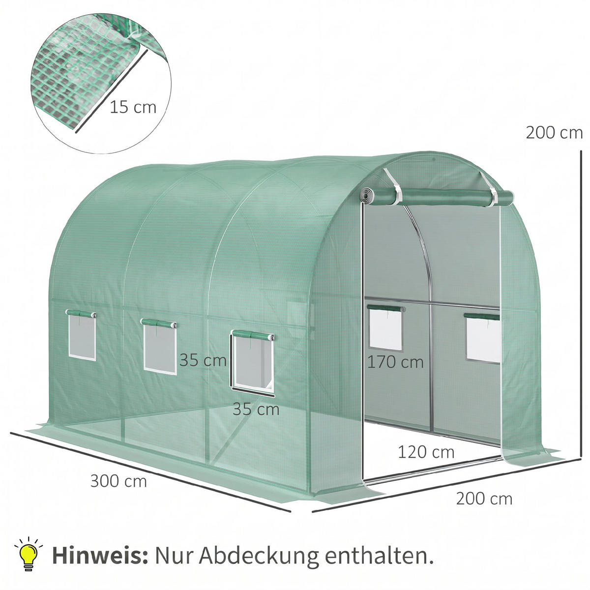 POLYETHYLENOVÁ FÓLIE 3x2x2m Náhradní fólie se 6 okny pro fóliový tunel Zahradní tunel - zelená barva, plast (200/200/300cm) - Outsunny
