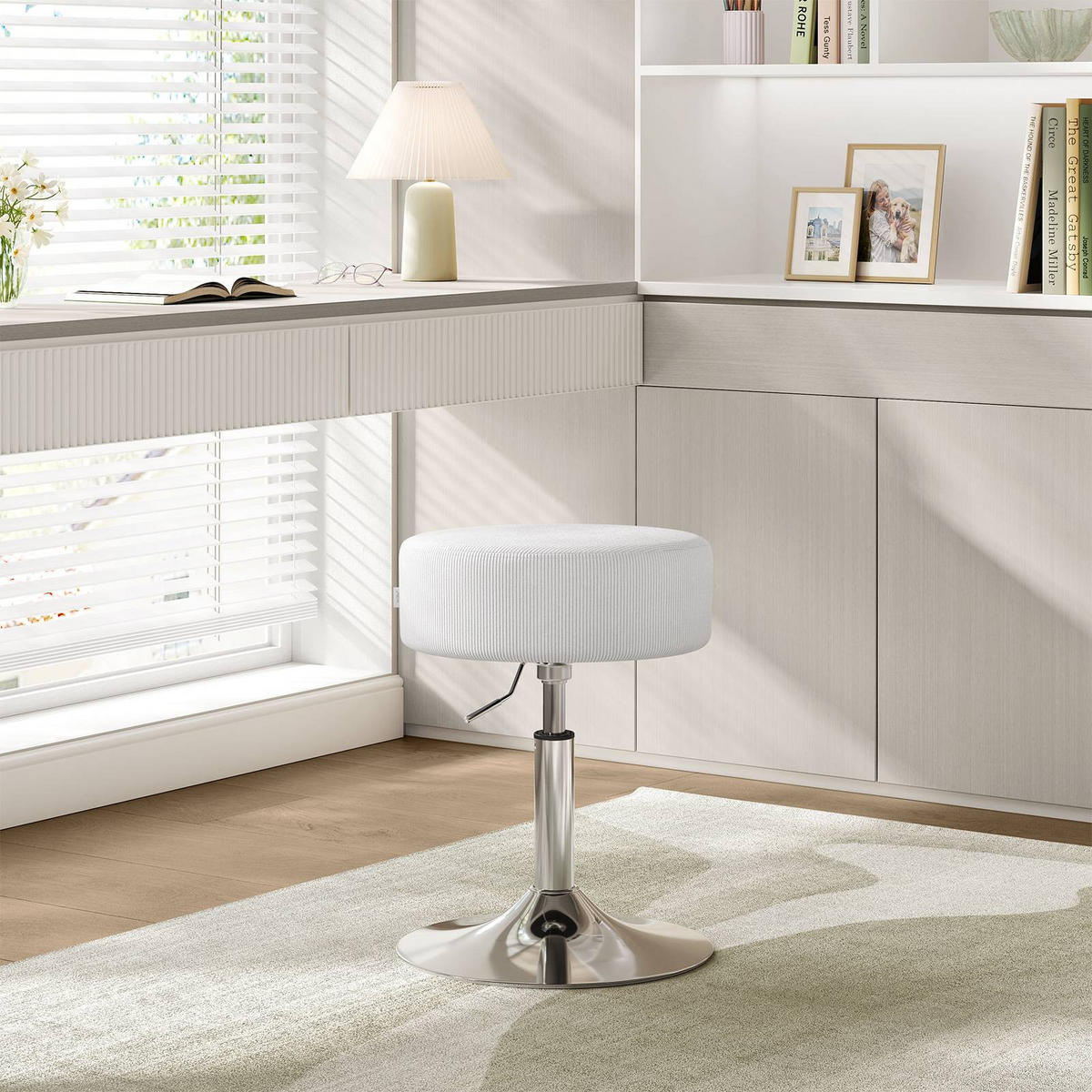 SITZHOCKER rund, drehbar, Cord-Sitzfläche, Weiß - Silberfarben/Weiß, Textil/Metall (38.5/56/38.5cm) - Woltu