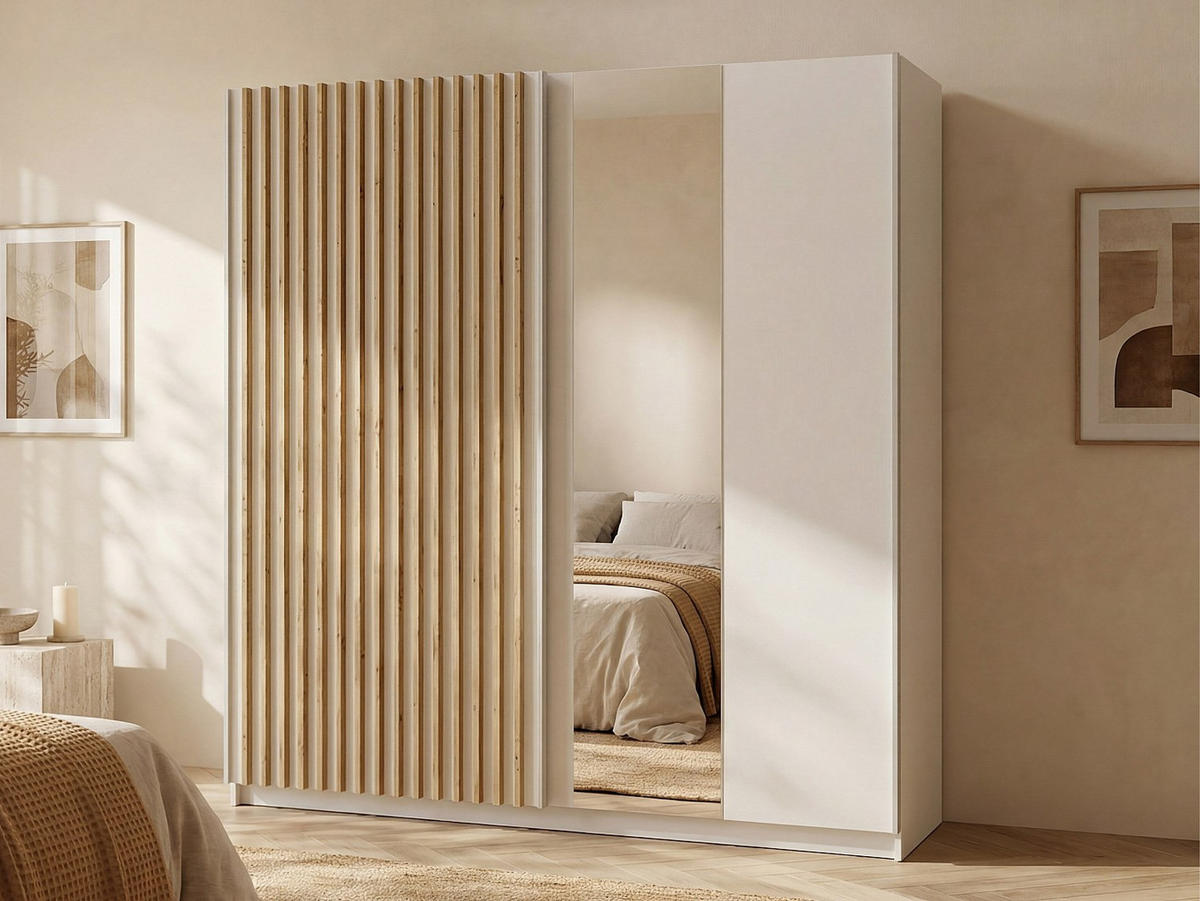 KLEIDERSCHRANK - 200.3 cm x 62 cm - Holz, Platte - Naturfarben Hell, Weiß TINDANIA - Naturfarben/Weiß, Holz (200.3/198.5/62cm) - Vente-Unique