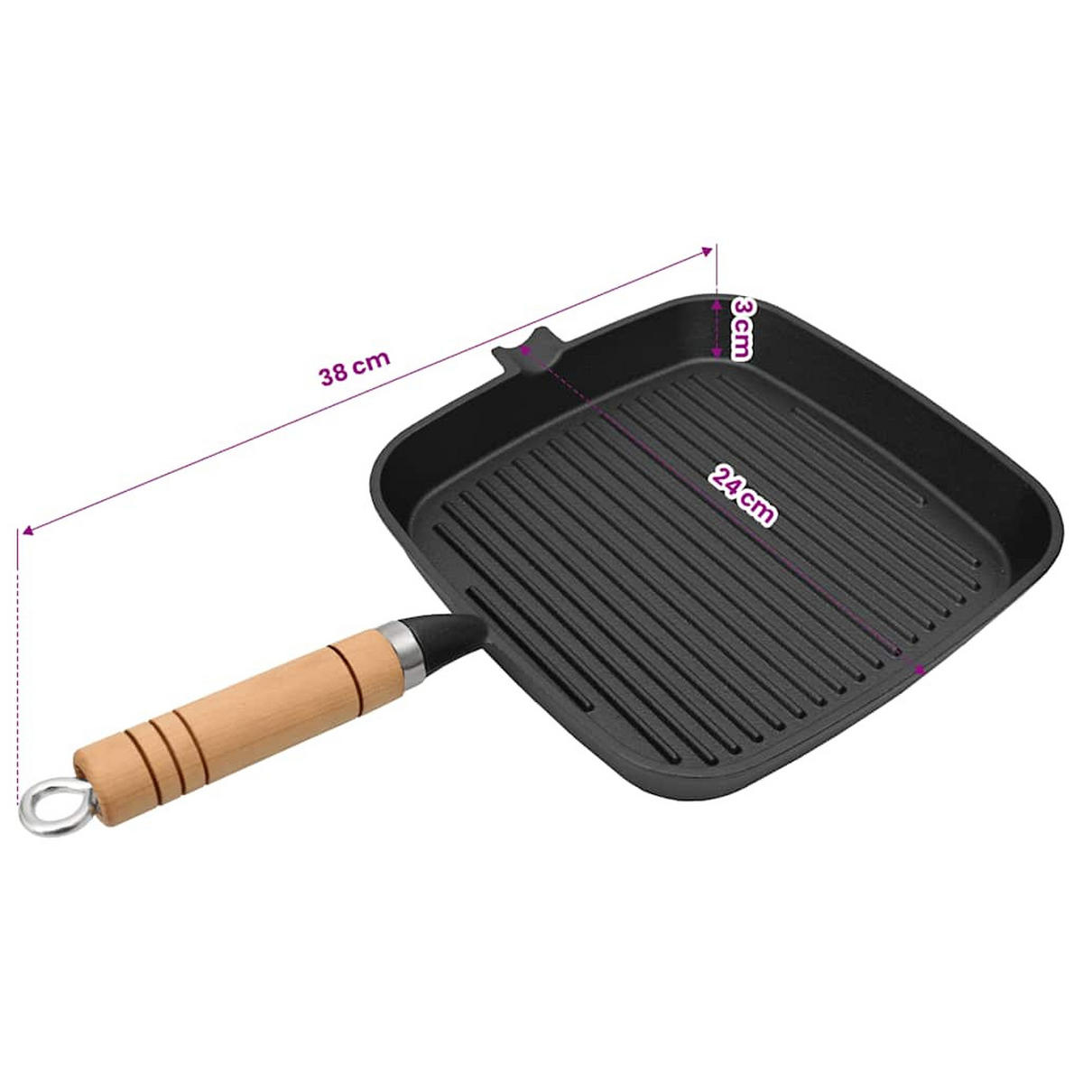 GRILLPFANNE Mit Holzgriff Gusseisen 20/20 Cm - Schwarz, Holz (42/24/3cm) - vidaXL