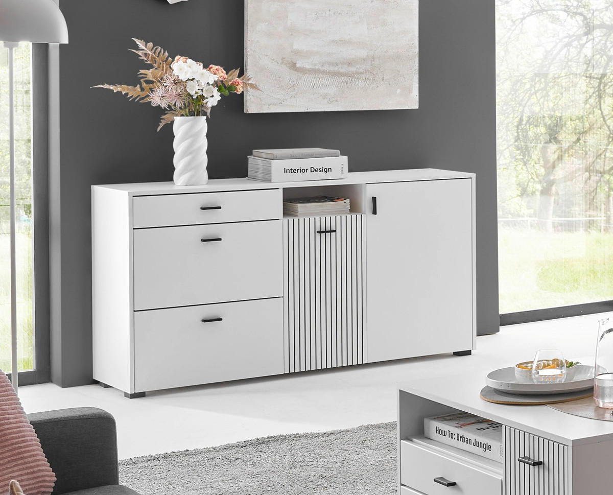 SIDEBOARD weiß matt, Kommode 150 cm - Schwarz/Weiß, Holzwerkstoff/Kunststoff (150/80/42cm) - Furn.Design