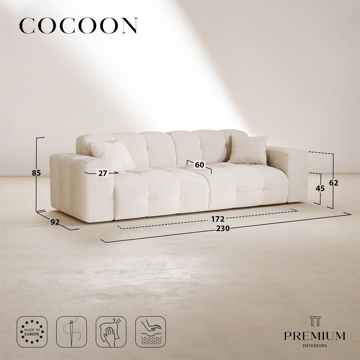 SOFA COCOON Geprägter Samt Mineralblau 230cm - Blau/Dunkelblau, Textil (230/85/92cm) - Premium Interiors
