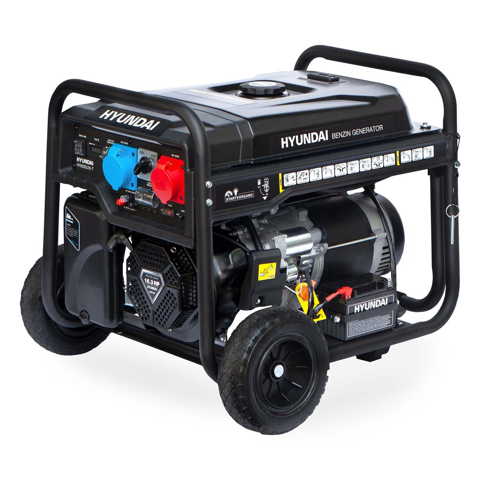 BENZIN Generator HY8500LEK-T (7.7 kW, Elektrostart, 1 x 230V + 1 x 400V, 16.3 PS) - Schwarz, Metall (75/75/65cm) - HYUNDAI