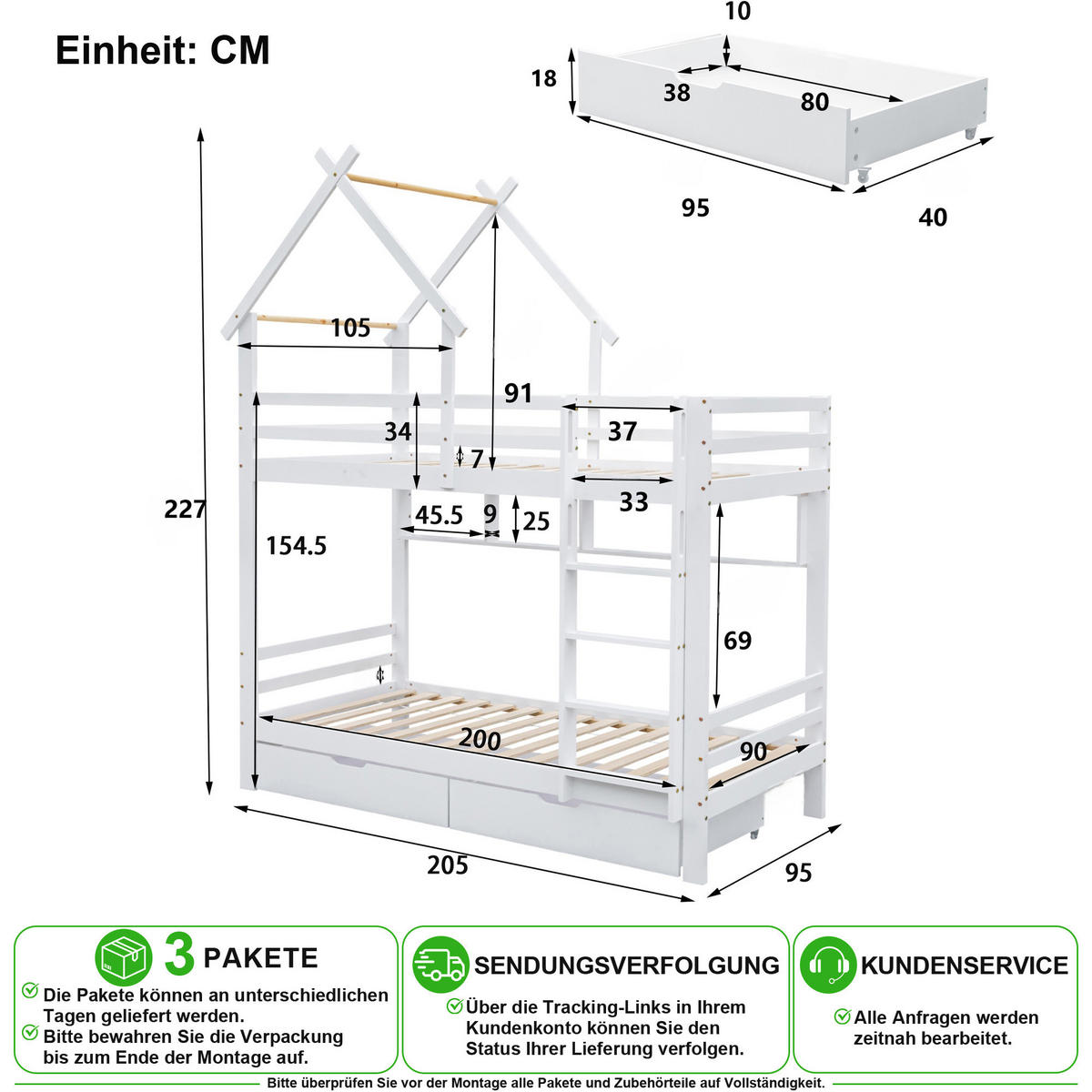 ETAGENBETT 90/200 cm in Weiß mit Schubladen und Regal im Hausbett-Design - Weiß, Holz/Holzwerkstoff (90/200cm) - CHICFURN