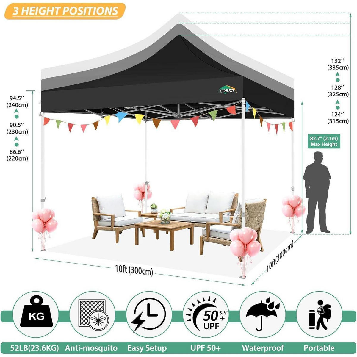 GARTENPAVILLON 3x3m Wasserdicht mit Netz-Seitenwänden Schwarz - Schwarz, Textil (300/335/300cm)