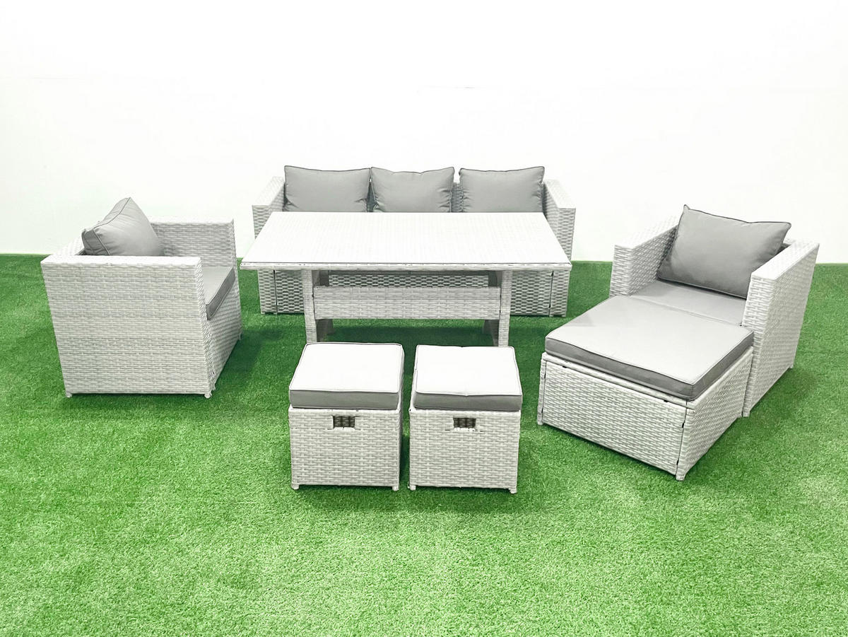 GARTENMÖBEL SET mit Sofa,3 Hockern Polyrattan Hellgrau 8-Sitzer - Hellgrau/Grau, Glas/Kunststoff - Fimous