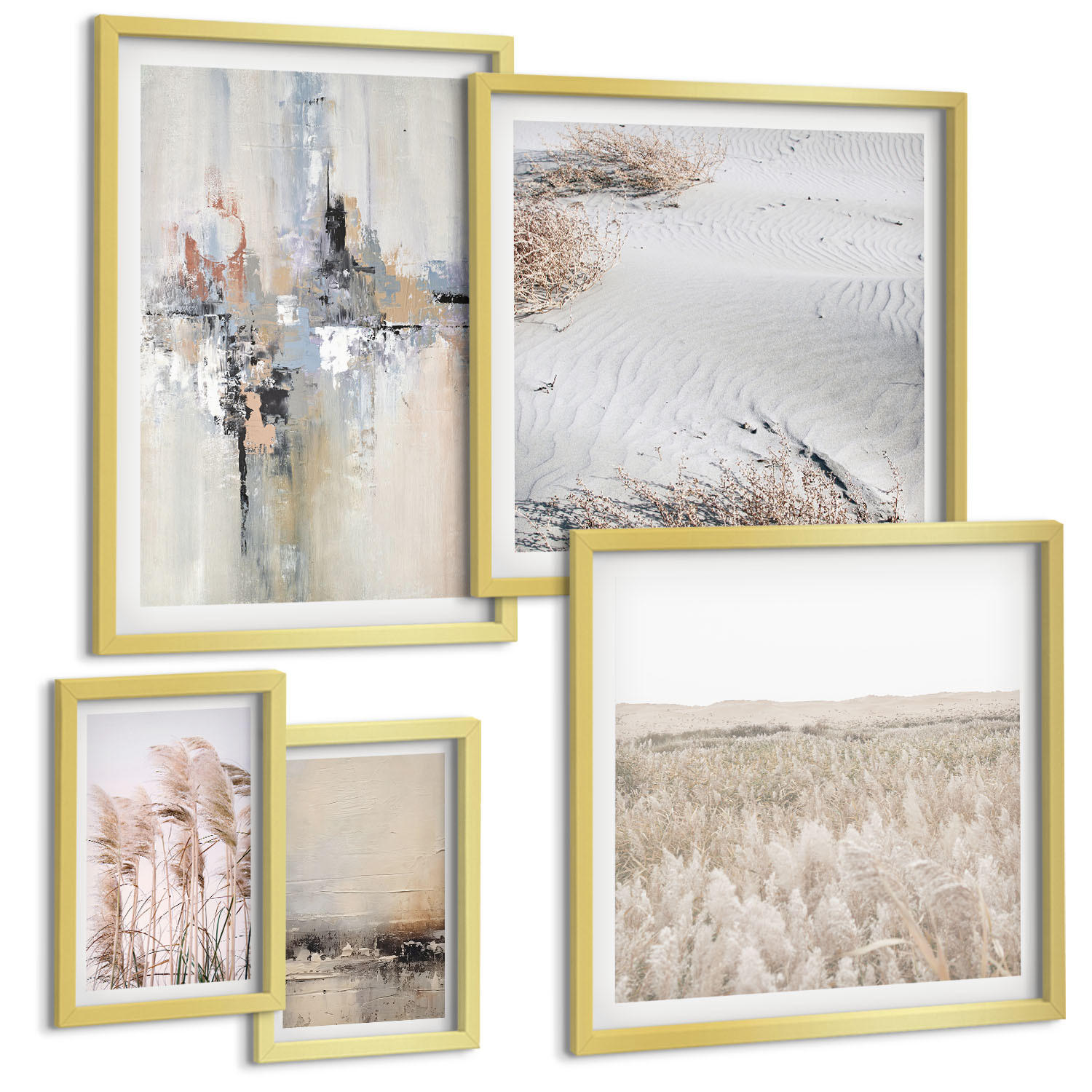 BILDER SET 5er Set - 50x50 cm & 20x30 cm & 40x60 cm Goldrahmen - Abstrakte Vegetationsmuster - Goldfarben, Kunststoff (40/60cm) - TULUP