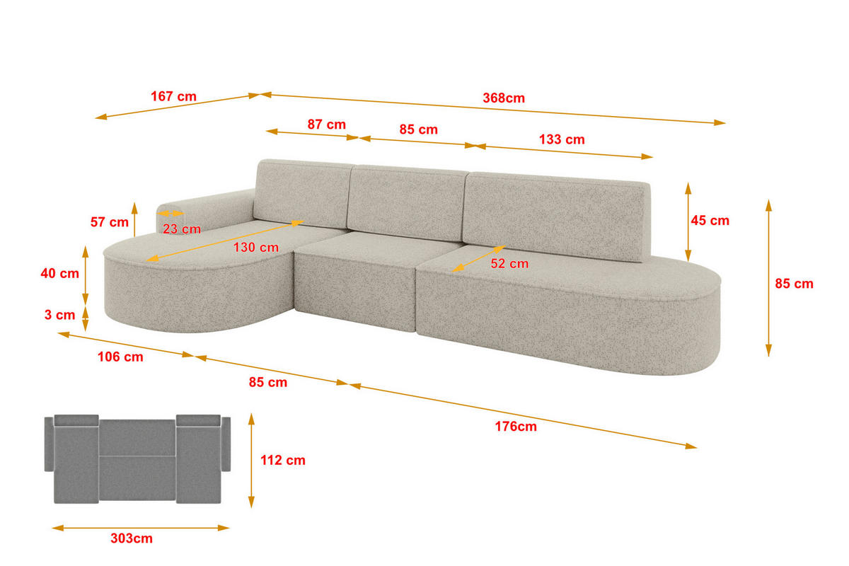 ECKSOFA mit Schlaffunktion Ottomane Links MARI L2-S 368X167X85 Beige Velours - Ecru/Schwarz, Holzwerkstoff/Kunststoff (368/167cm) - ALTDECOR