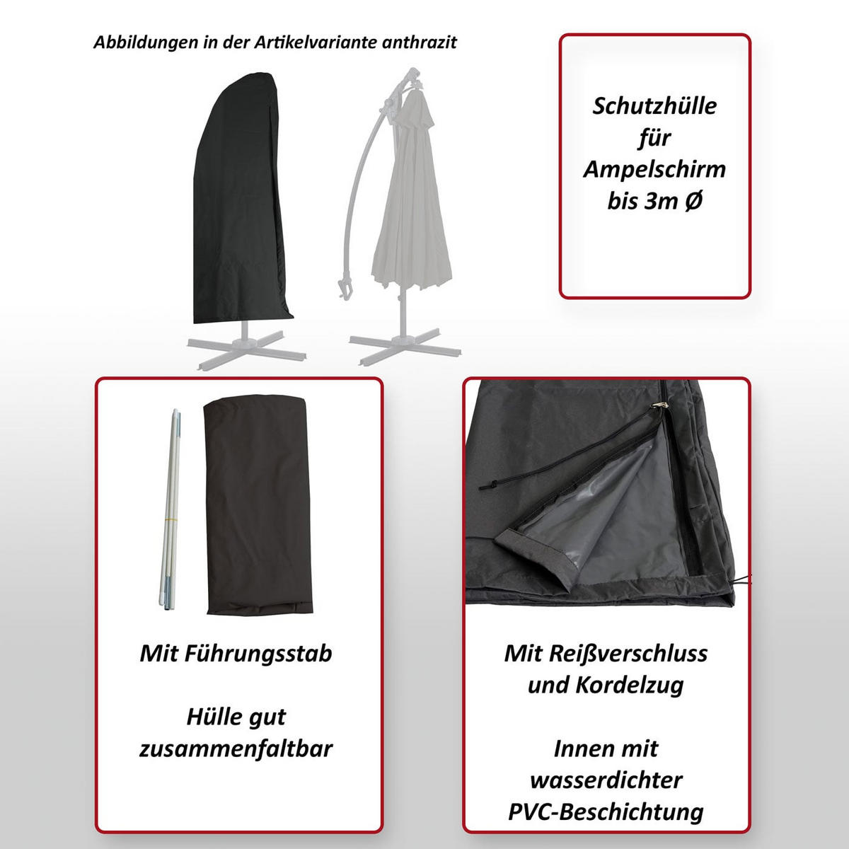SCHIRMHÜLLE für Ampelschirm bis 3m HxBxT 195x80x1cm creme Abdeckhülle Schutzhaube Cover mit Reißverschluss - Creme, Textil (80/195/1cm) - PROREGAL