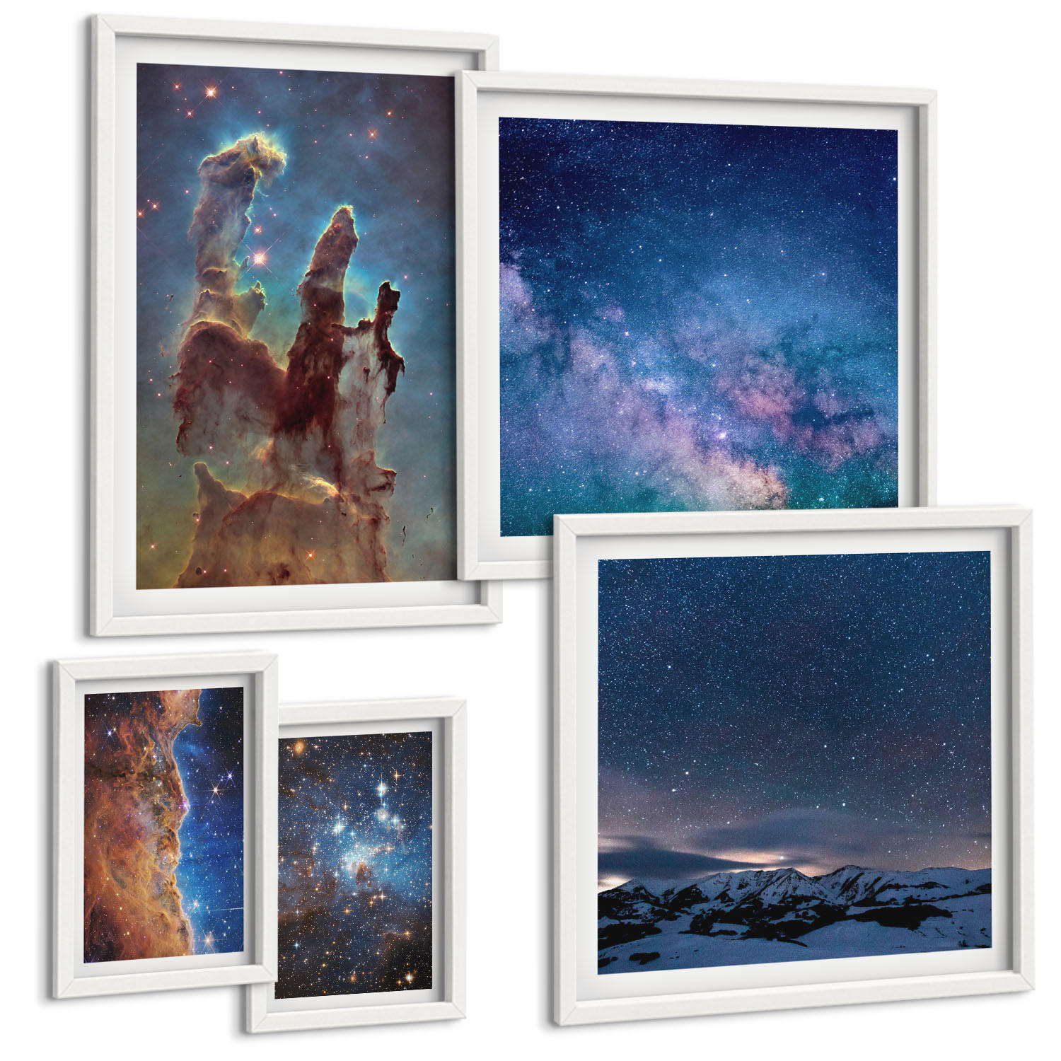 BILDER SET 5er Set - 50x50 cm & 20x30 cm & 40x60 cm Weißer Rahmen - Weltraumlandschaften von Galaxien - Weiß, Kunststoff (40/60cm) - TULUP