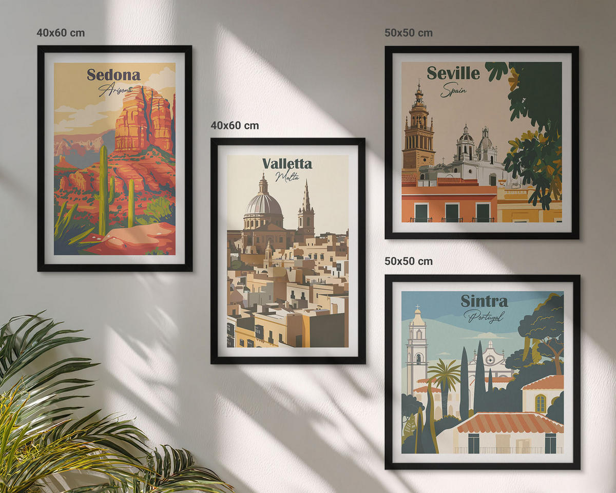 BILDER SET 4er Set - 50x50 cm & 40x60 cm Schwarzer Rahmen - Retro-Stadtansichten Sedona Sintra - Schwarz, Kunststoff (50/50cm) - TULUP