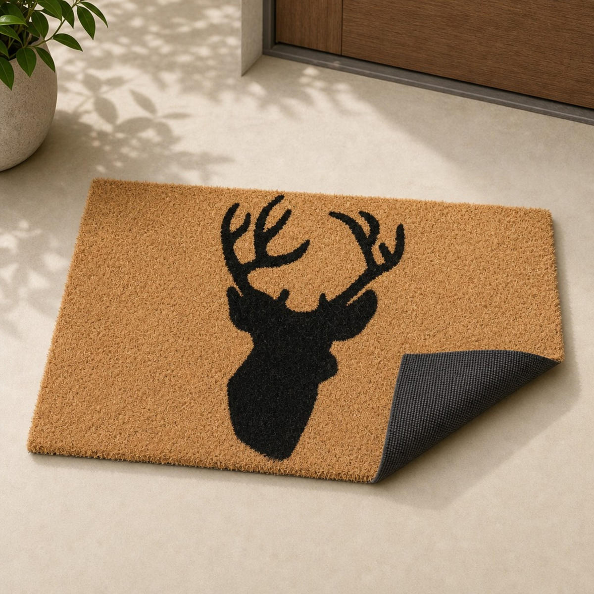 FUSSMATTE Natur Schwarz Kokos Hirsch 60x40 cm - Hellbraun, Kunststoff/Textil (60/40cm) - Relaxdays