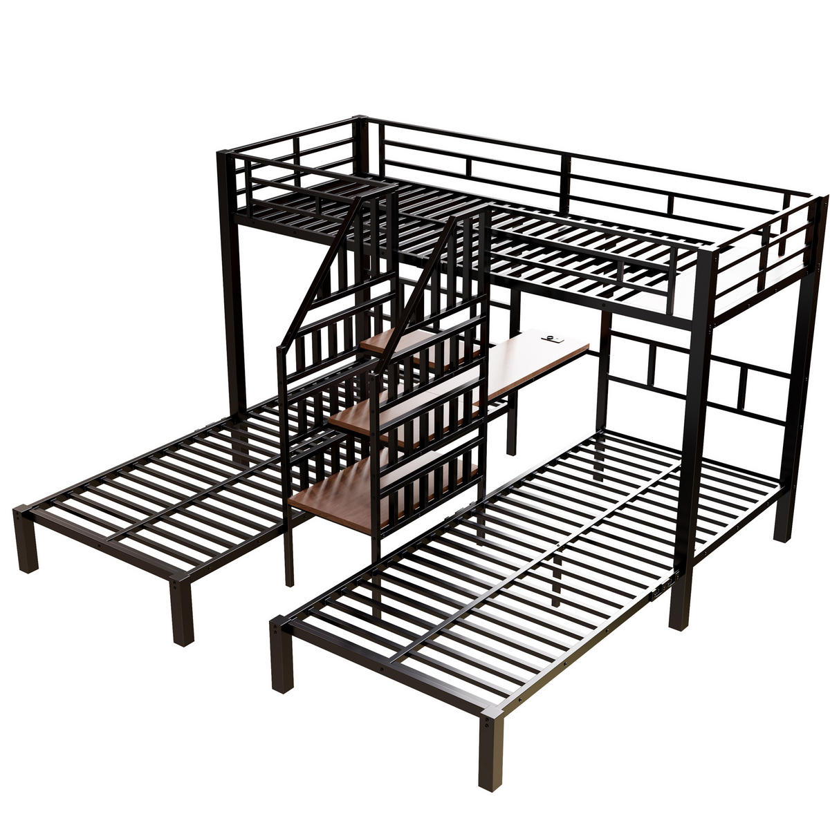 ETAGENBETT 90/200 cm mit LED, USB, Steckdose und Schreibtisch ohne Matratze - Schwarz, Metall (90/200cm) - MIVRAY