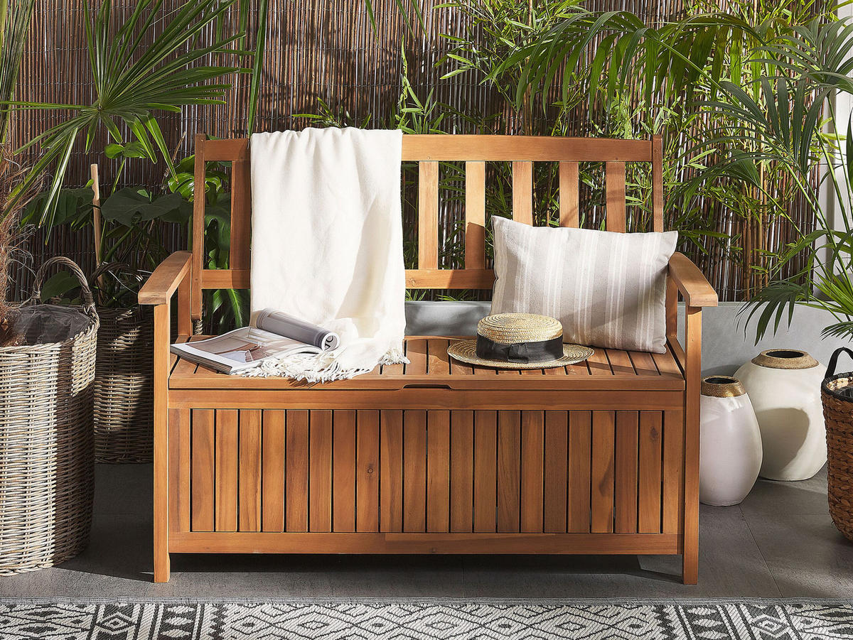 GARTENBANK Akazienholz hellbraun mit Stauraum 120 cm Sovana - Hellbraun, Holz (120/91/60cm) - Beliani