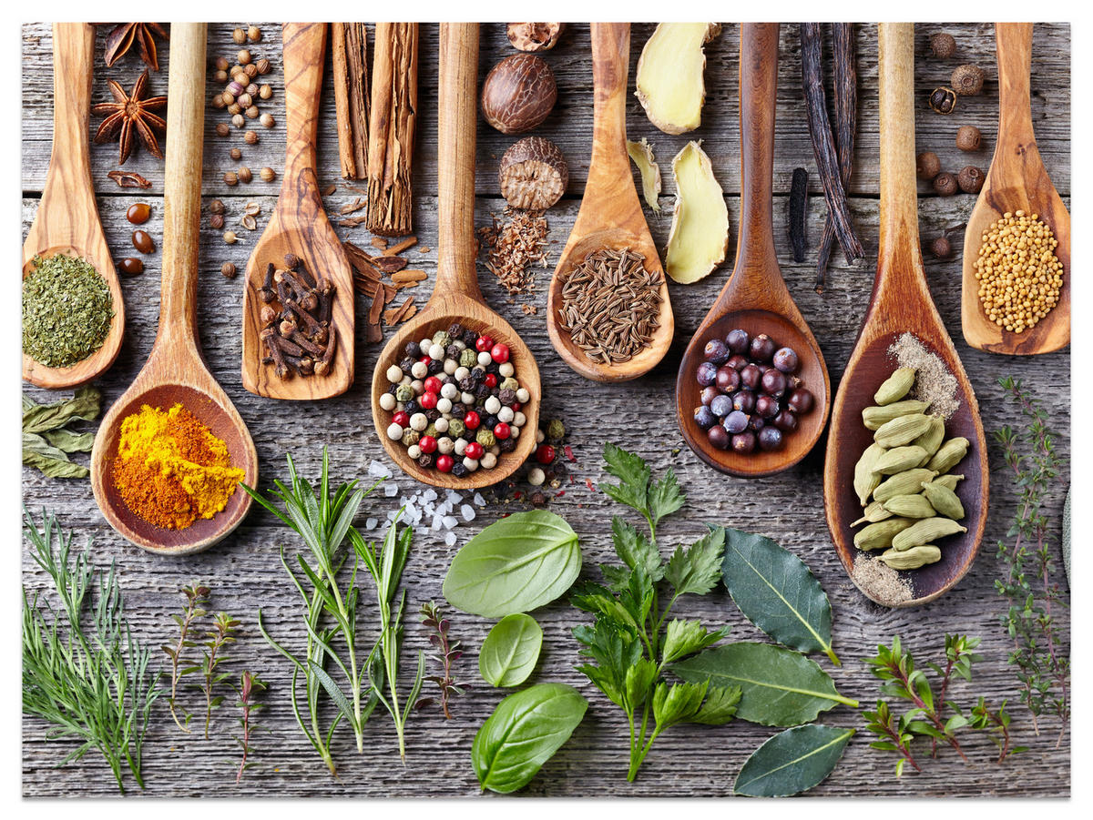 FOTOTAPETE für Küche Kräuter Gewürze Holzlöffel Tisch 200x140 - Gelb/Beige, Papier (200/140cm) - Muralo