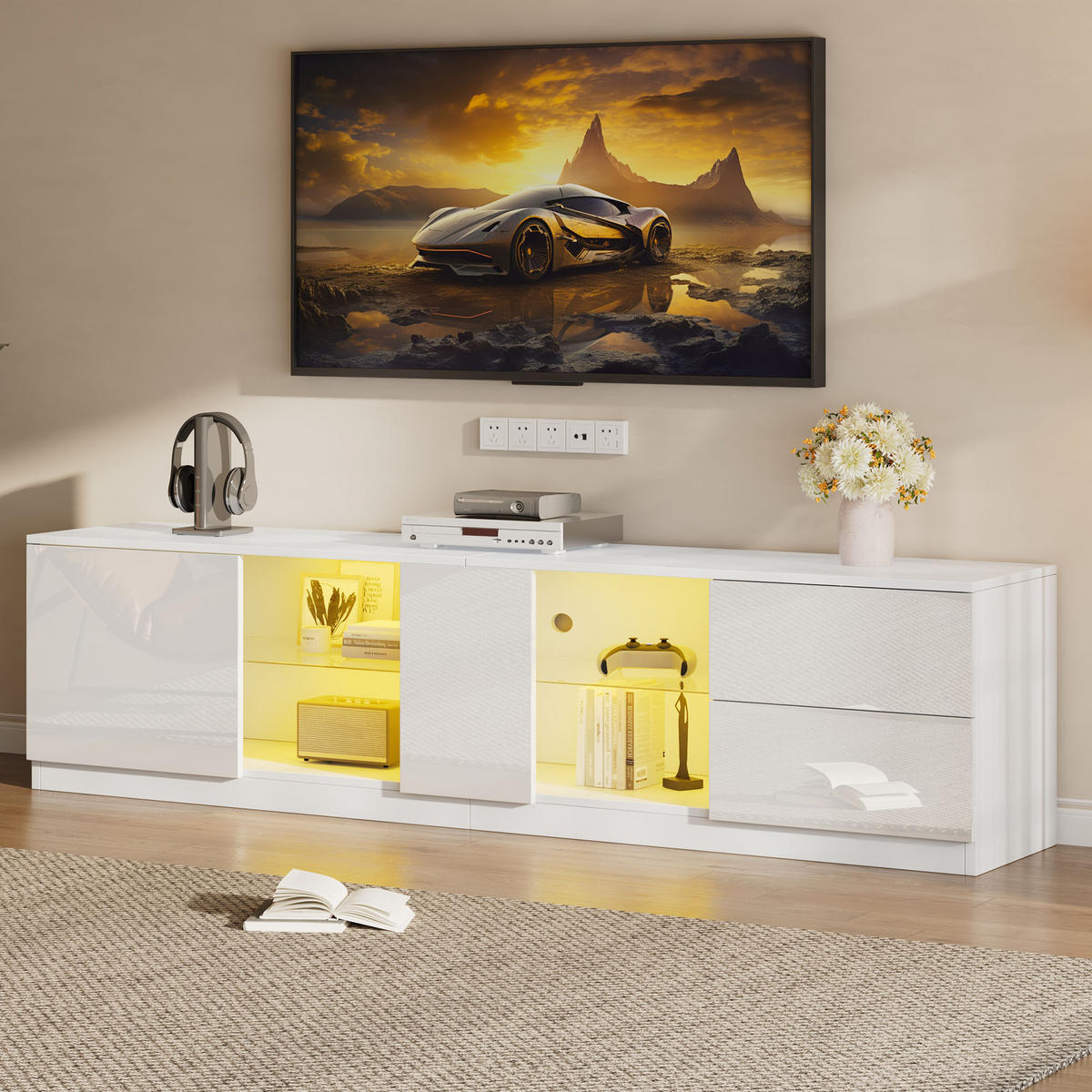 TV-ELEMENT in Weiß TV-Ständer mit LED für 65" Fernseher, geeignet für Wohnzimmer und Schlafzimmer, B160/T40/H52cm - Weiß, Glas/Holzwerkstoff (160/52/40cm) - STILVORA