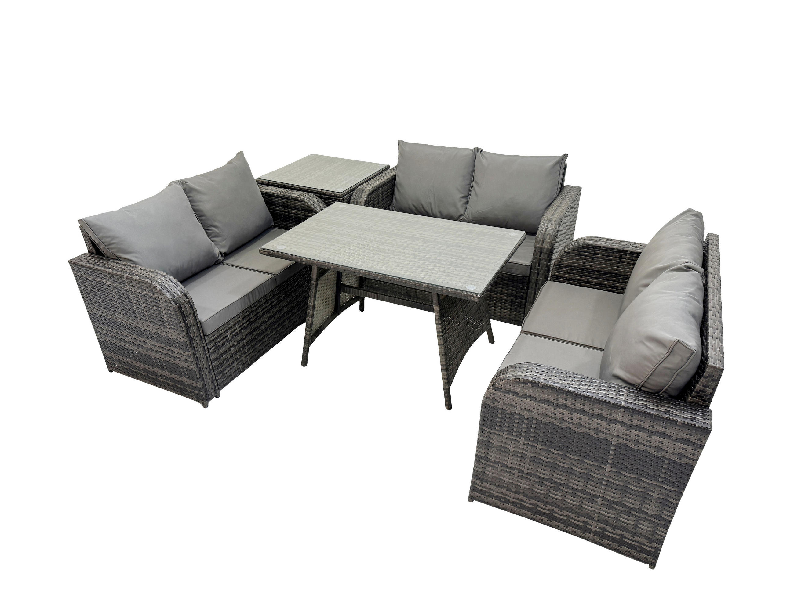 GARTENMÖBELSET mit ESSTISCH,SOFA Polyrattan 6-Sitzer - Dunkelgrau/Grau, Glas/Kunststoff - Fimous