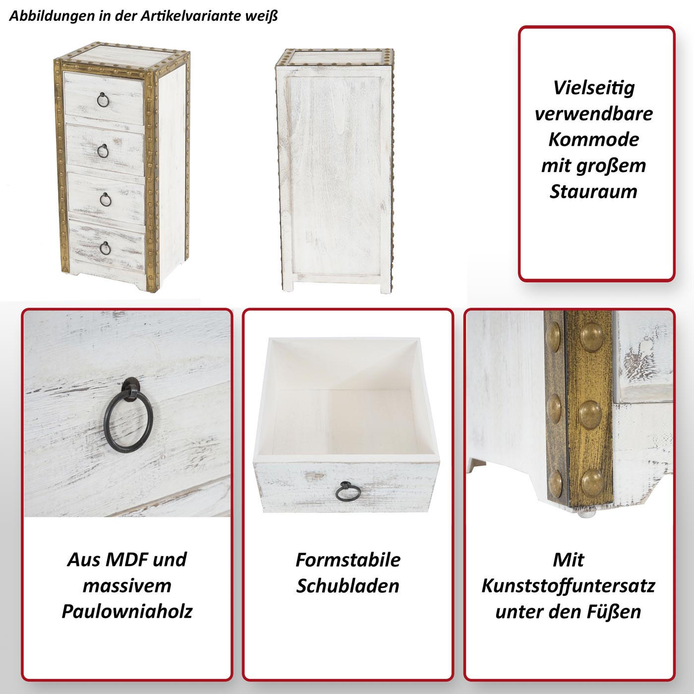 KOMMODE 4 SCHUBLADEN SHABBY-LOOK Braun - Braun, Holz (33/70/26cm) - MCW
