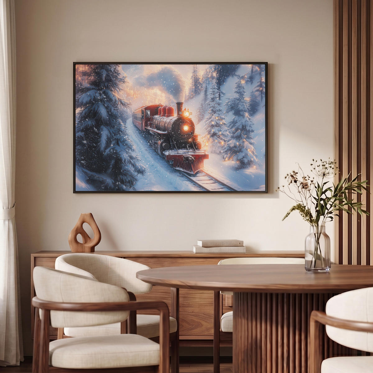 LEINWAND Bilder mit Rahmen - Weihnachtszug - Schnee - Winter - Weihnachten - 90x60 - Dunkelrot, Textil (90/60cm) - MuchoWow