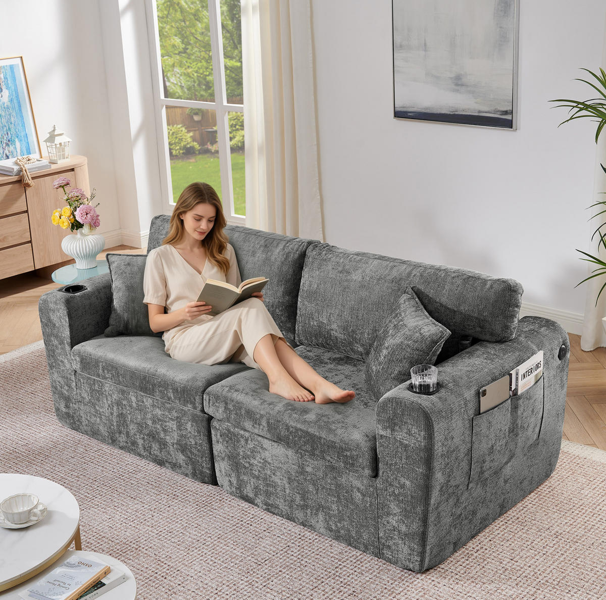 2-SITZER-RELAXSOFA mit USB und Getränkehalter Chenille Gray - Grau, Kunststoff (220/89/100cm) - Meubliv