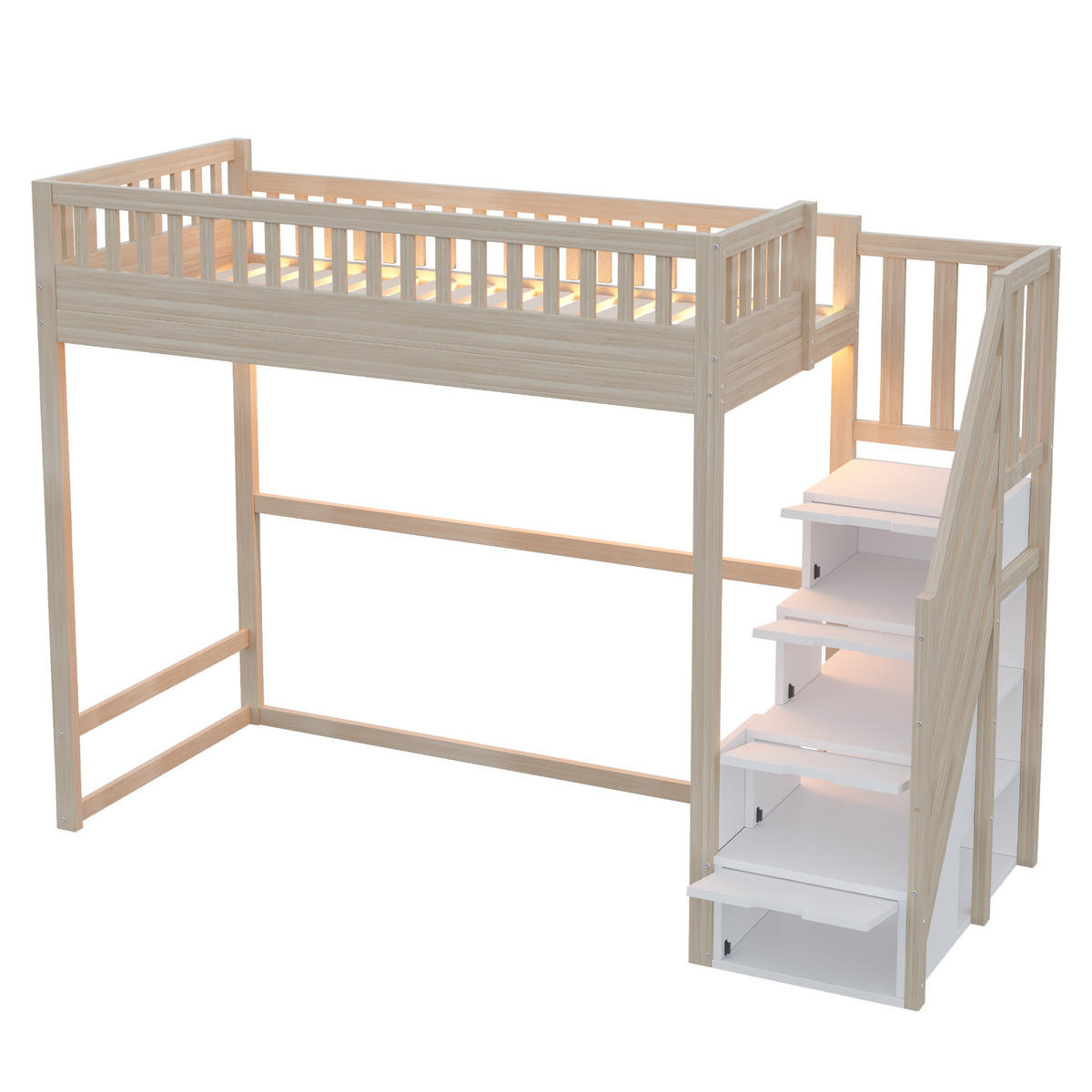 HOCHBETT 90/200 cm in Natur mit Stauraumtreppe und LED Holz Kinderbett - Naturfarben, Holzwerkstoff (90/200cm) - STILVORA