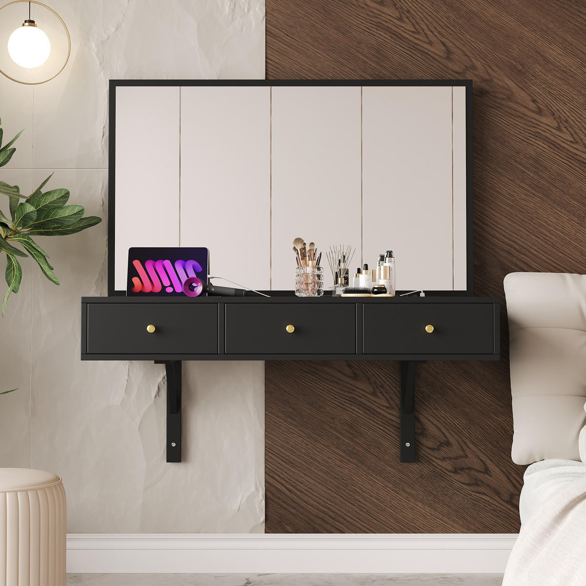 SCHMINKTISCH 100/105/45 cm schwarz mit 3 Schubladen und Steckdosen - Schwarz, Holzwerkstoff (100/105/45cm) - OKWISH