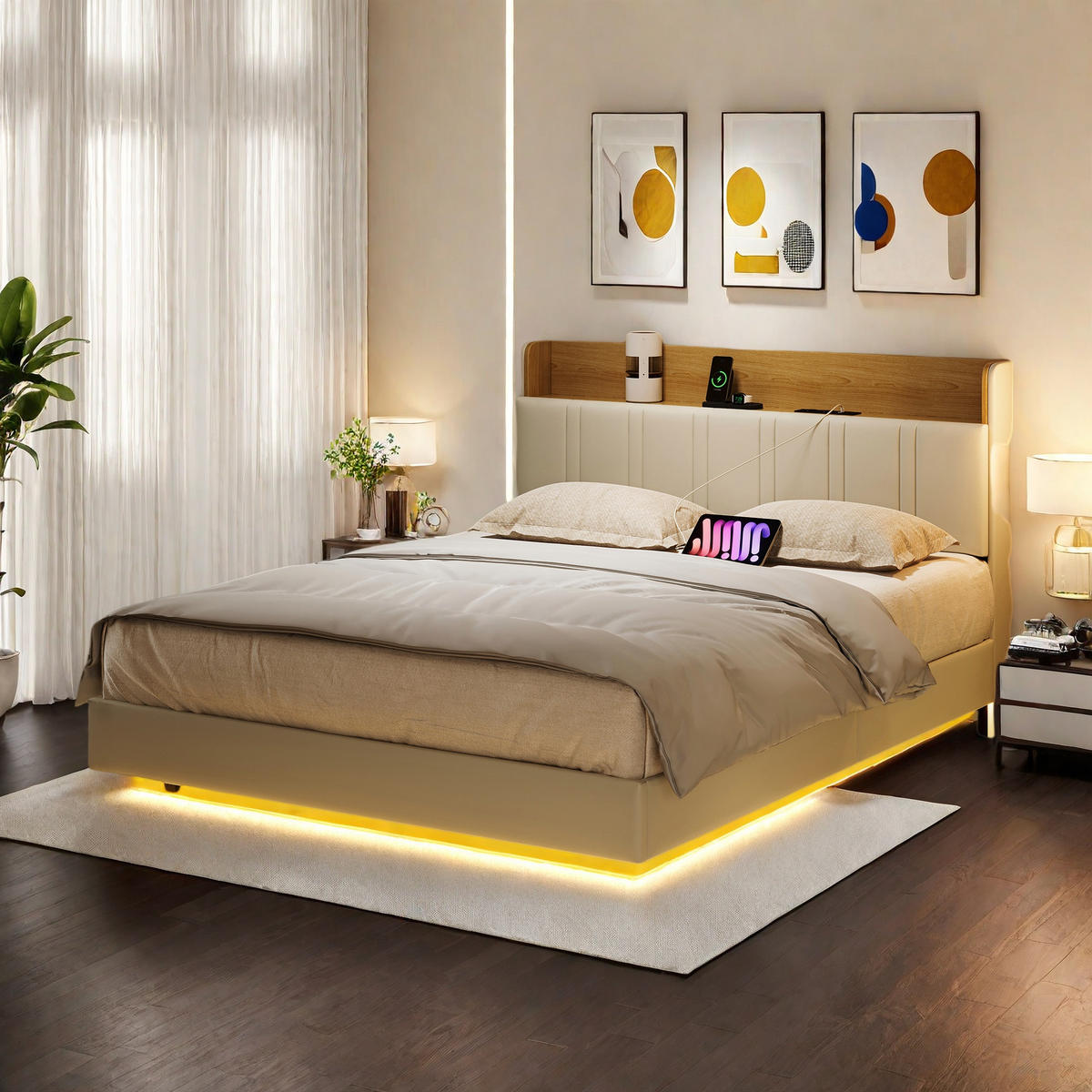 SCHWEBENDBETT 140x190 WEIß PU HOLZ LED SEITENTASCHE - Weiß, Holzwerkstoff (140/200cm) - SHOPENTRA