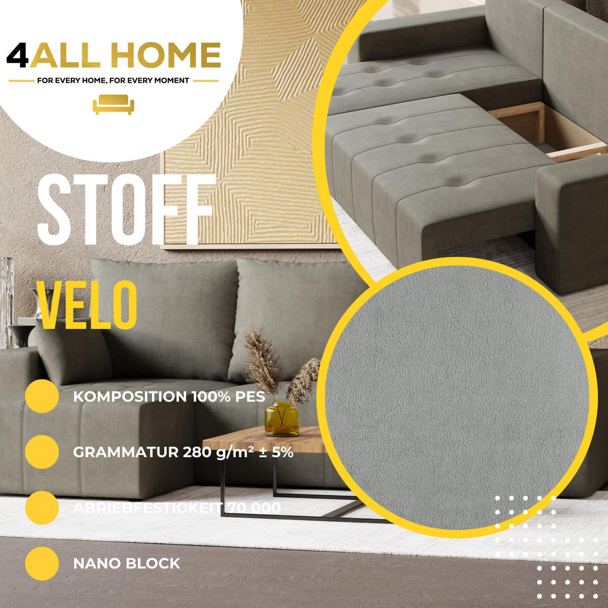 ECKSOFA Tico mit Bettkasten und Schlaffunktion, L-Form/XL-Form, Velourstoff, Universal - Hellgrau, Holzwerkstoff (246/145cm) - 4ALL HOME