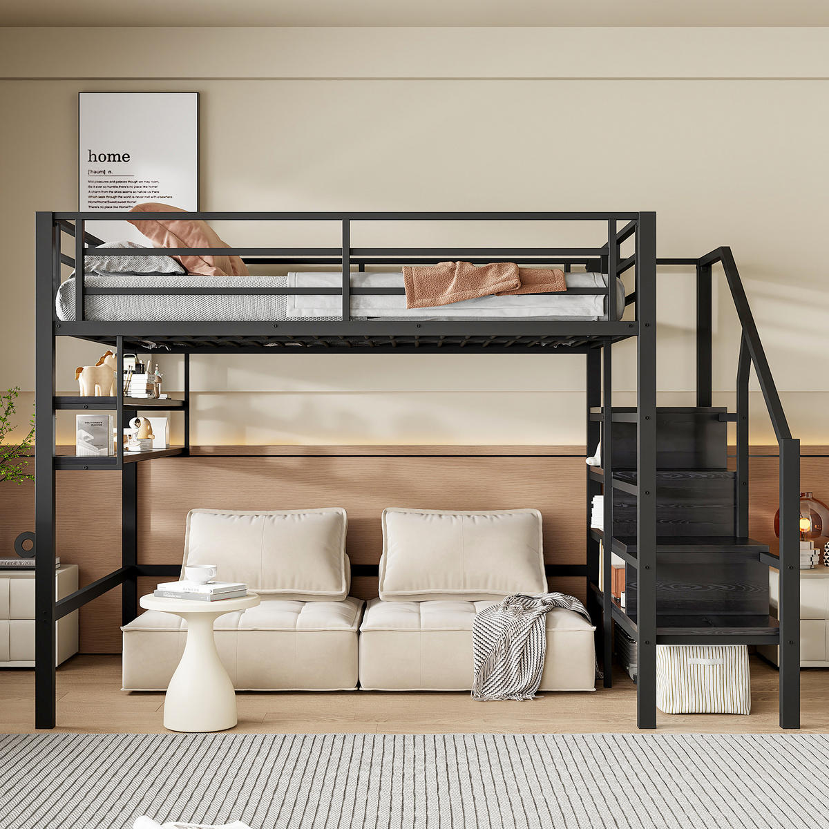 HOCHBETT 140x200cm Schwarz Einlegeböden Stauraumleiter Geländer - Schwarz, Metall (140/200cm) - FLIEKS