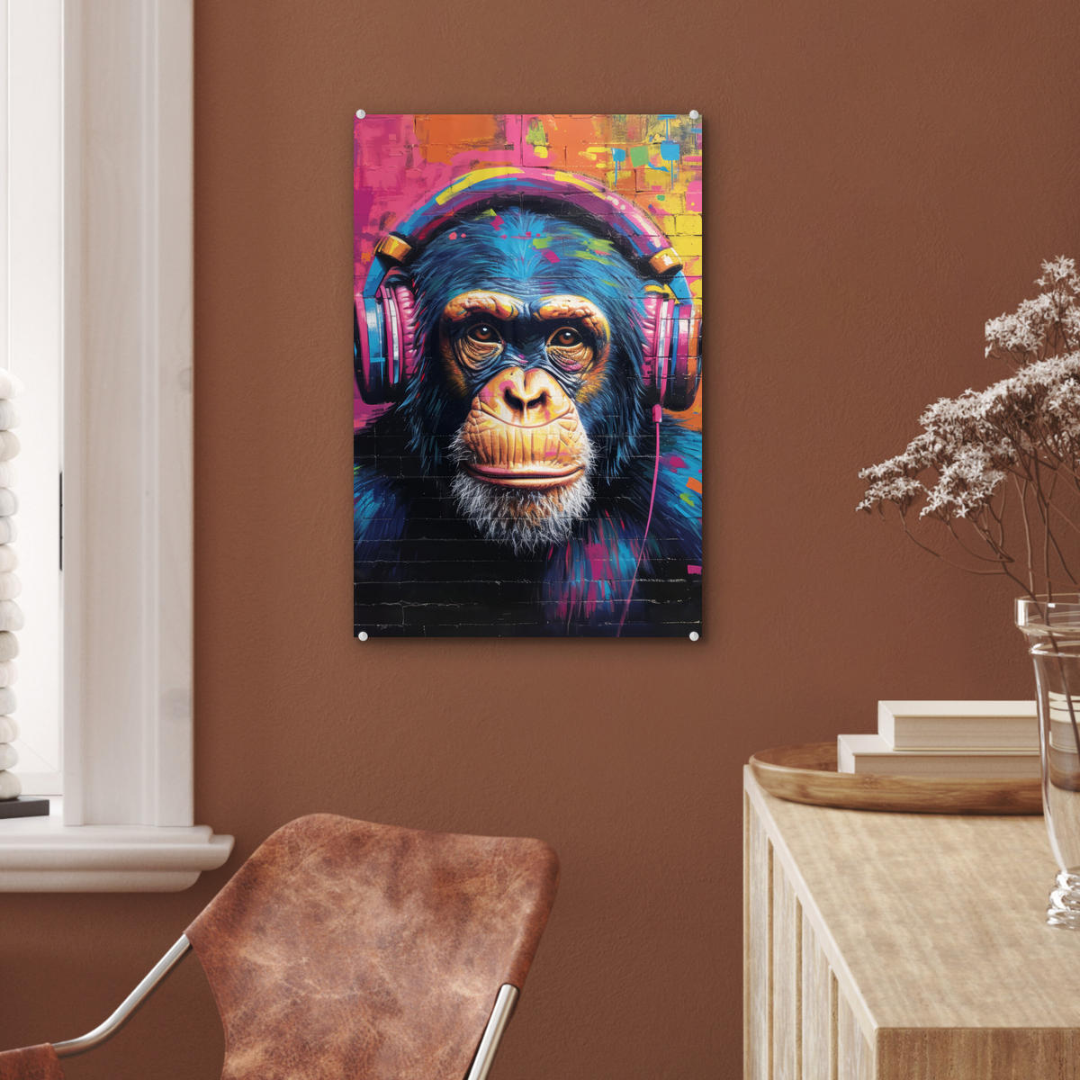 ACRYLGLASBILD Graffiti - Schimpanse - Straßenkunst - Kopfhörer - Affe 40x60 cm - Blau, Glas (40/60cm) - MuchoWow