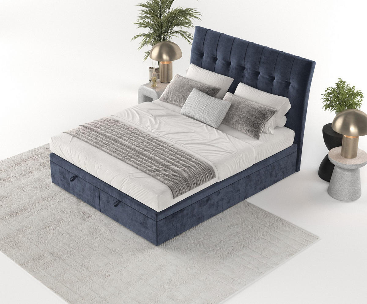 POLSTERBETT Kelsea mit Stauraum 200/200 cm Marineblau im Lotta Stoff - Schwarz/Dunkelblau, Holz/Holzwerkstoff (200/200cm) - AltaBeds
